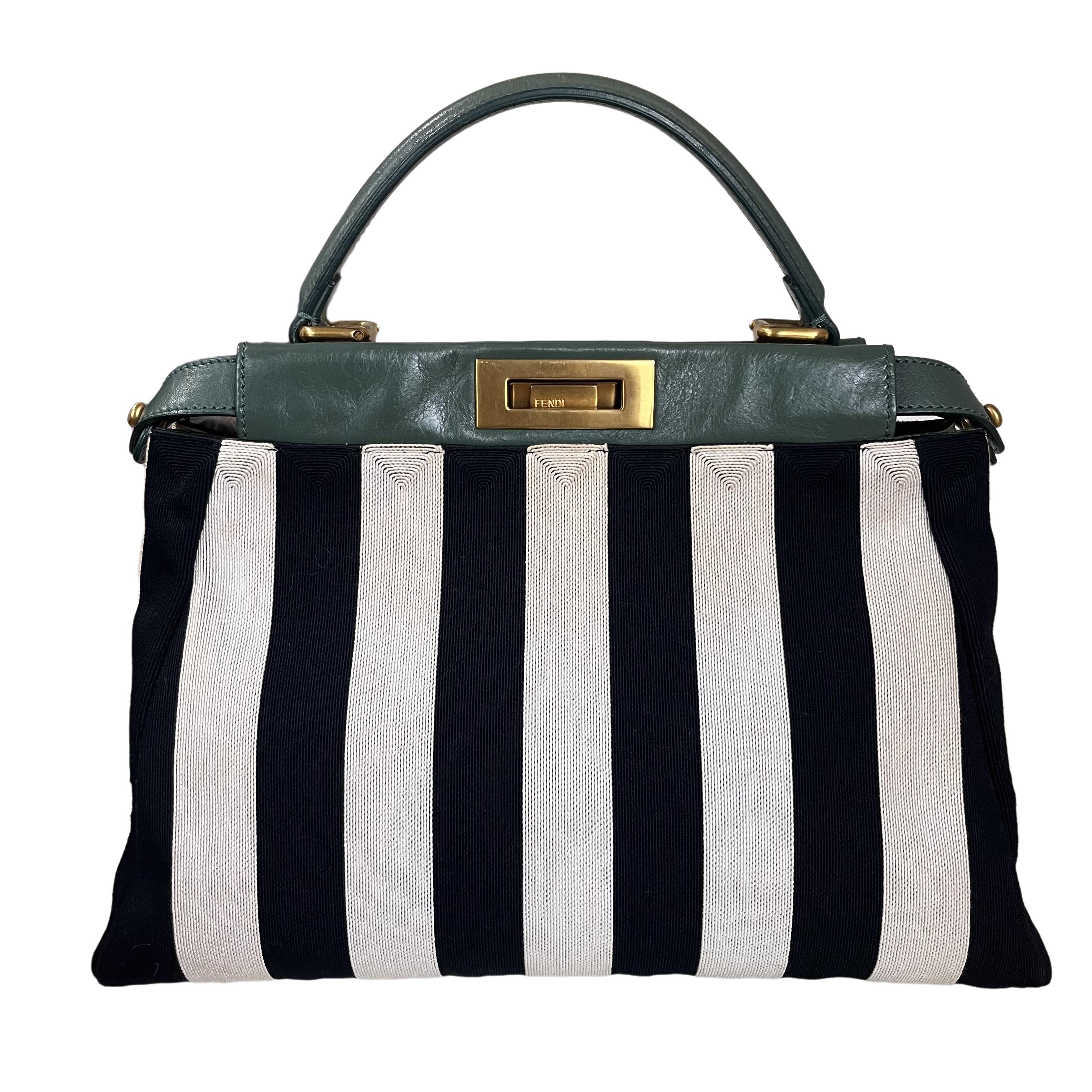 Women's Fendi Peekaboo in Beaded Penguin Medium Vertical Stripes Canvas Green Leather