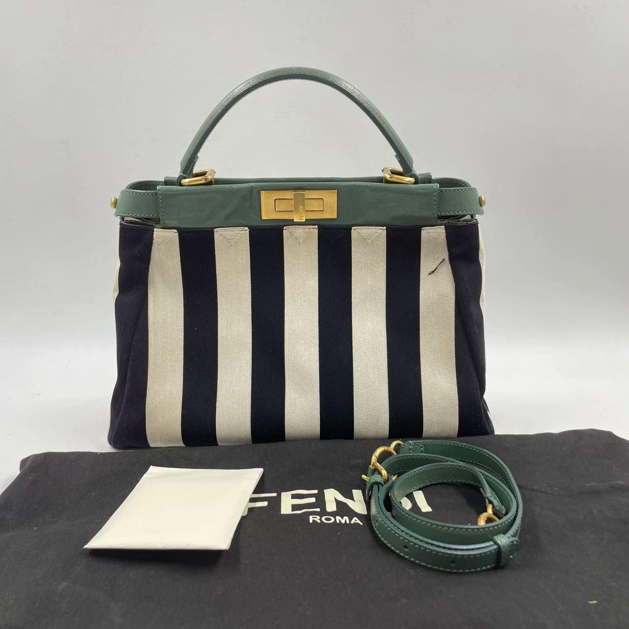 Fendi Peekaboo in Beaded Penguin Medium Vertical Stripes Canvas Green Leather 5