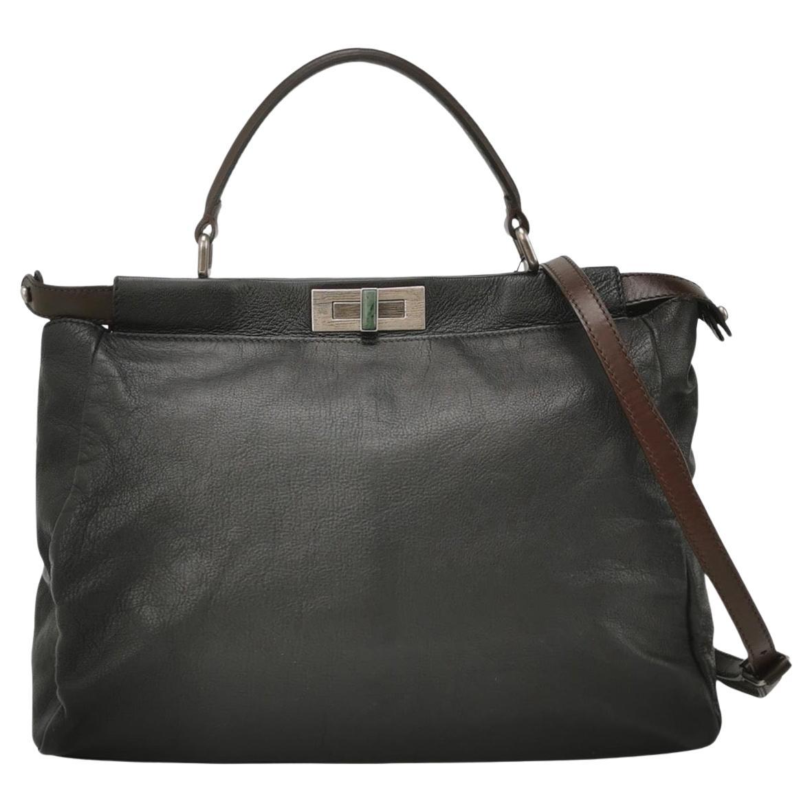 Fendi Peekaboo Large Black Calfskin Leather Glitter Beaded Zucca Interior