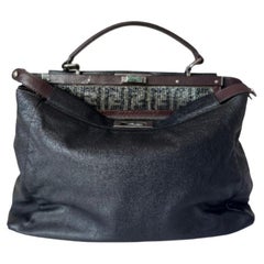 Fendi Peekaboo Large Black Calfskin Leather Glitter Beaded Zucca Interior