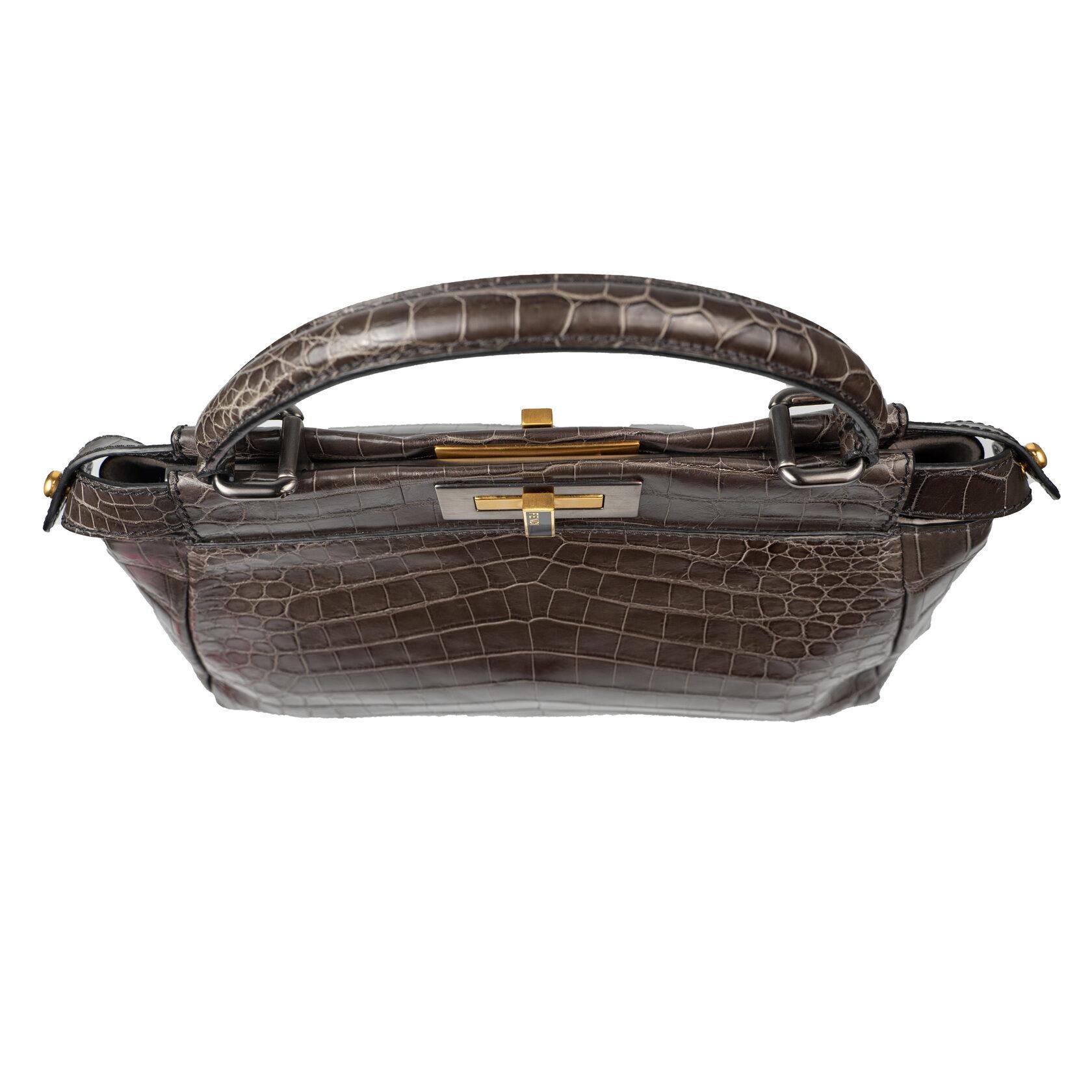 Fendi Peekaboo Medium Crocodile Brown Gray For Sale 4