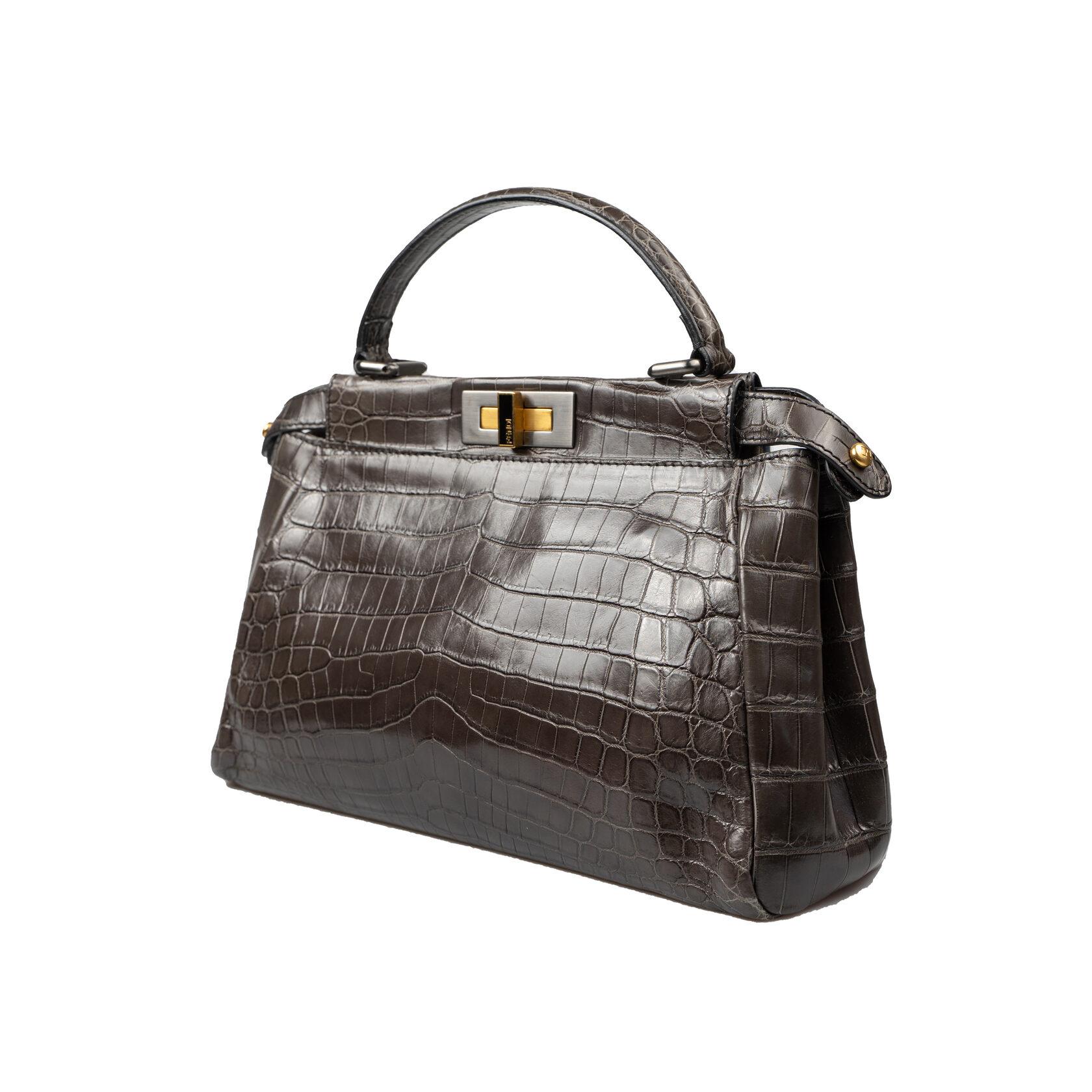 Fendi Peekaboo Medium Crocodile Brown Gray For Sale 12