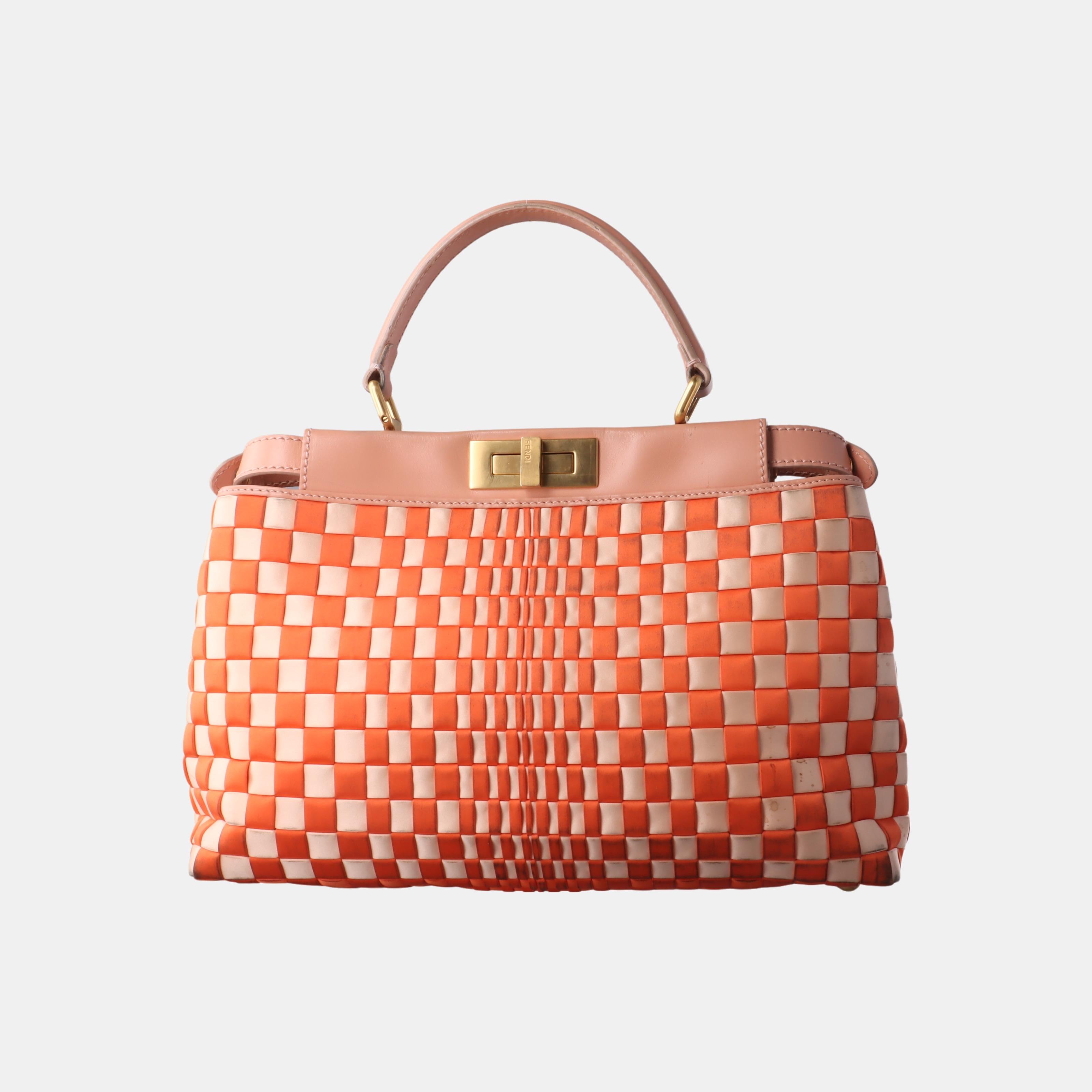 Fendi Peekaboo Medium Fabric Leather Intreccio Orange Handbag 1