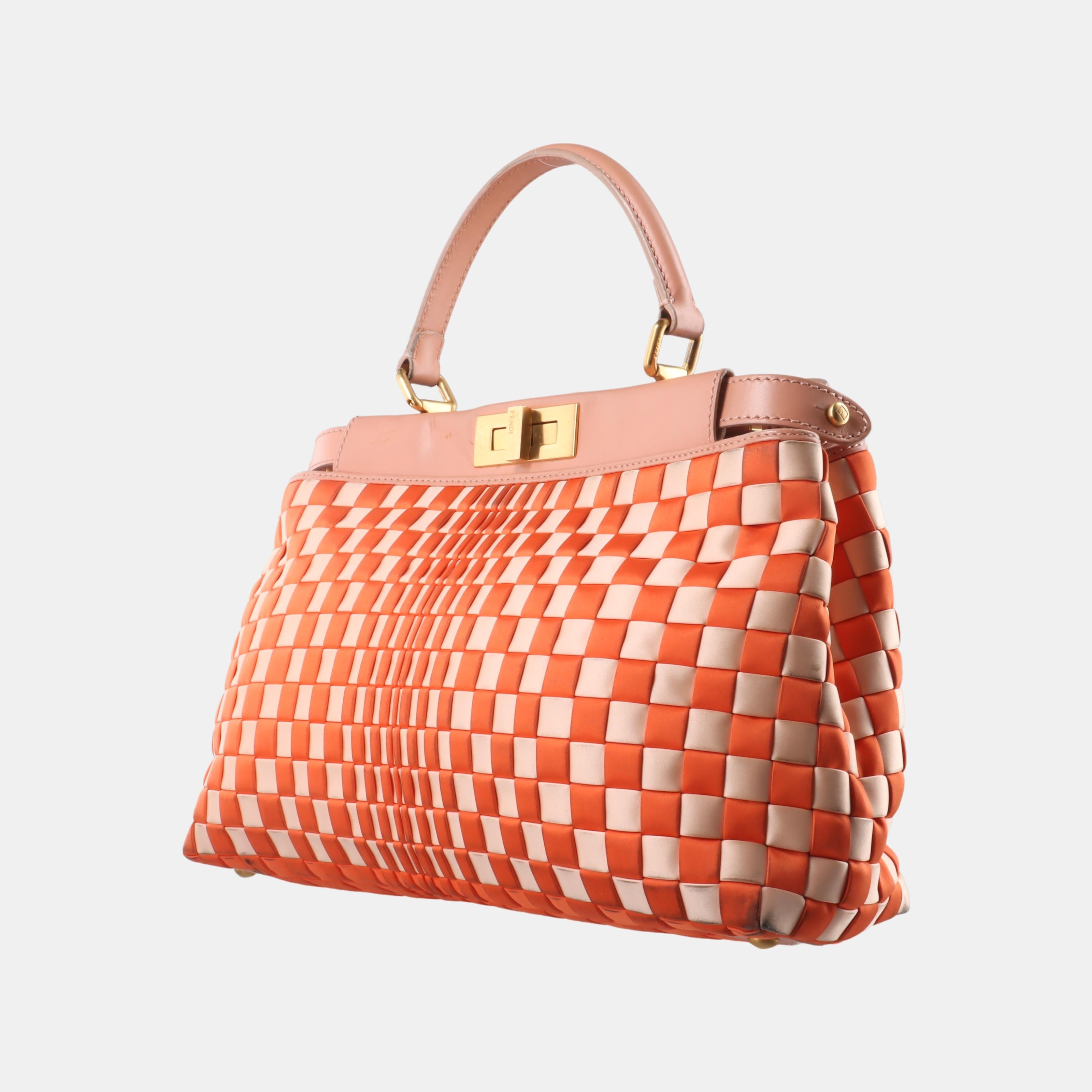 Fendi Peekaboo Medium Fabric Leather Intreccio Orange Handbag 2