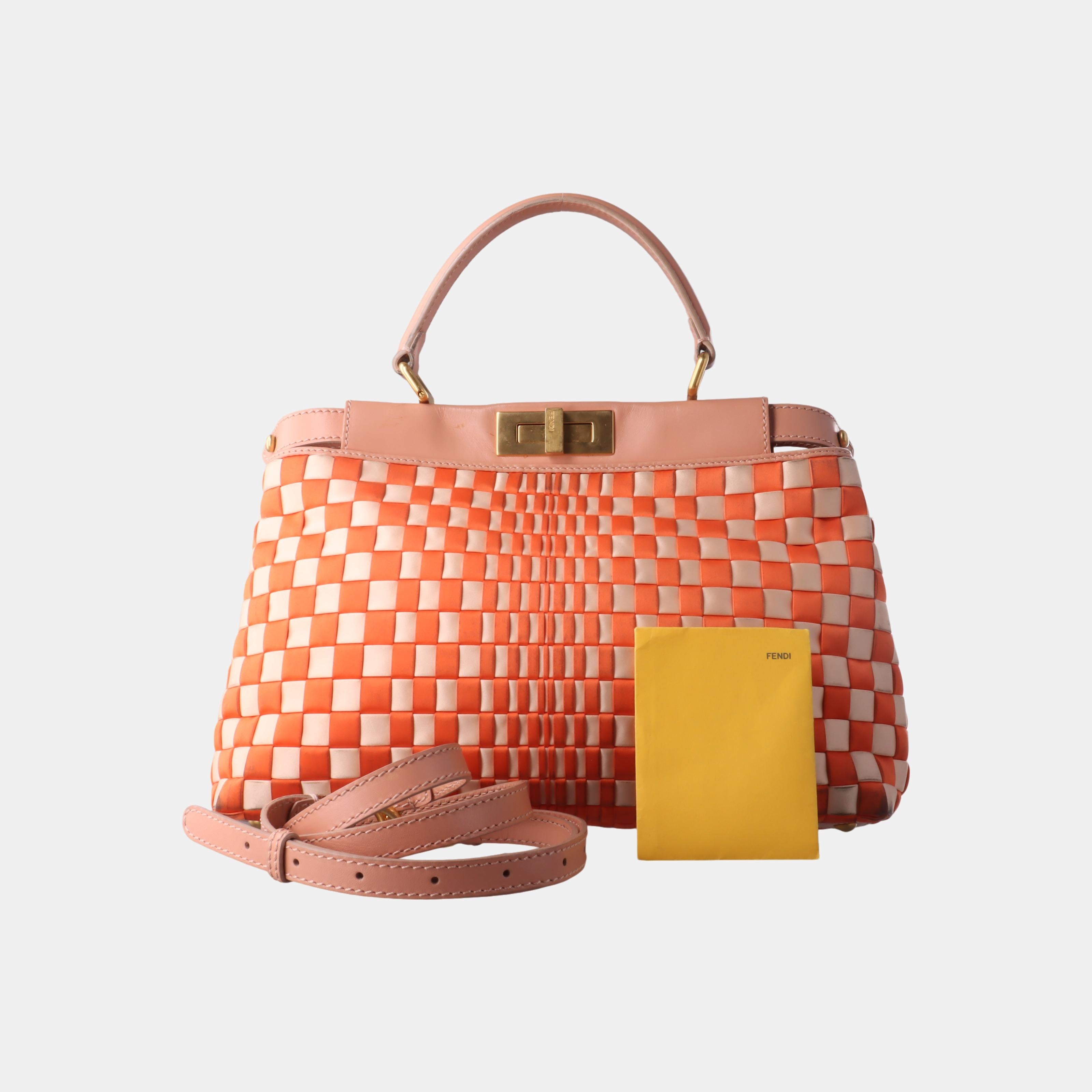 Fendi Peekaboo Medium Fabric Leather Intreccio Orange Handbag 5