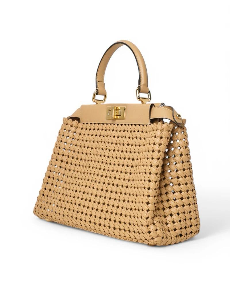 Brown Fendi Peekaboo Medium Cuir tressé Beige en vente