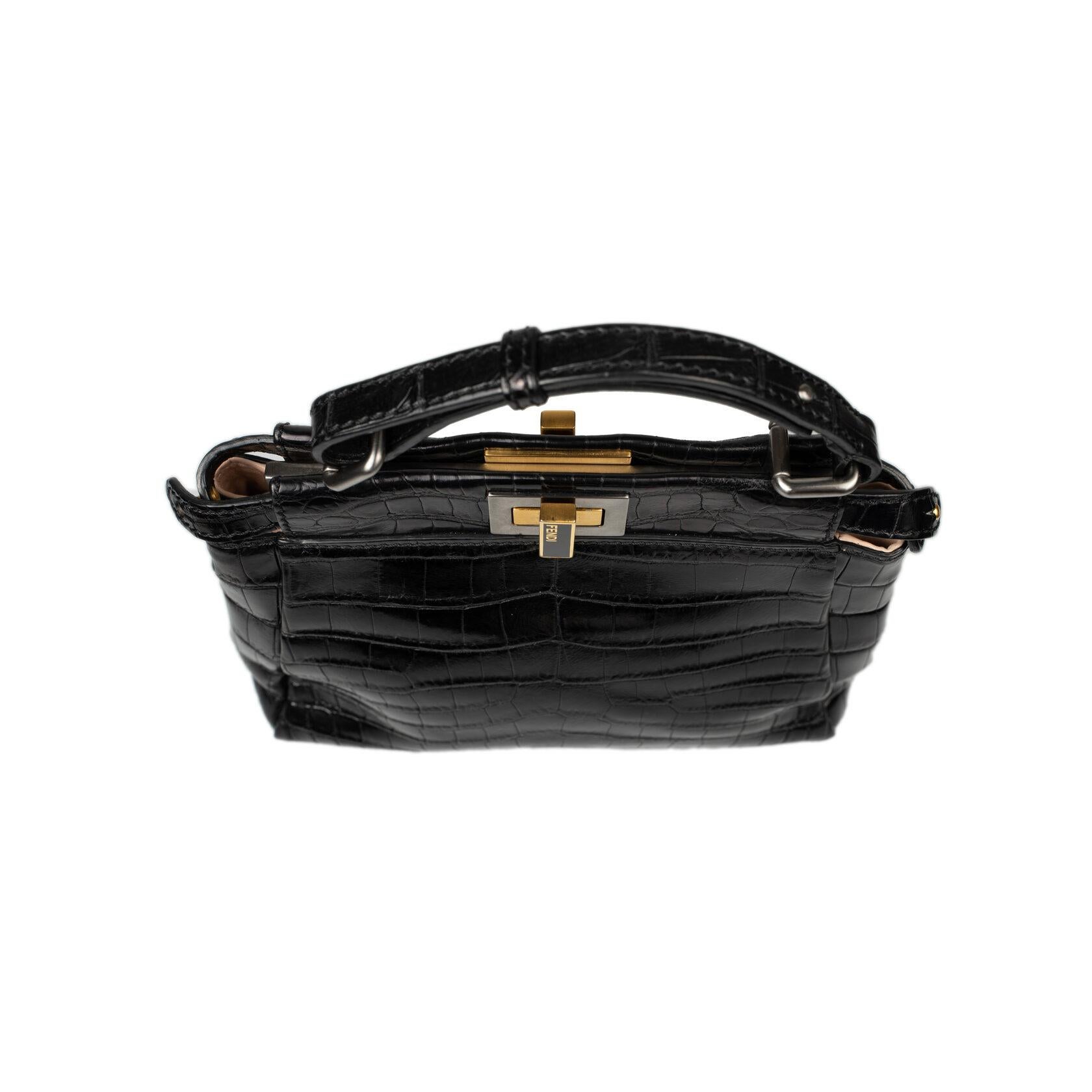 Black Fendi Peekaboo Mini Crocodile Crossbody Bag For Sale