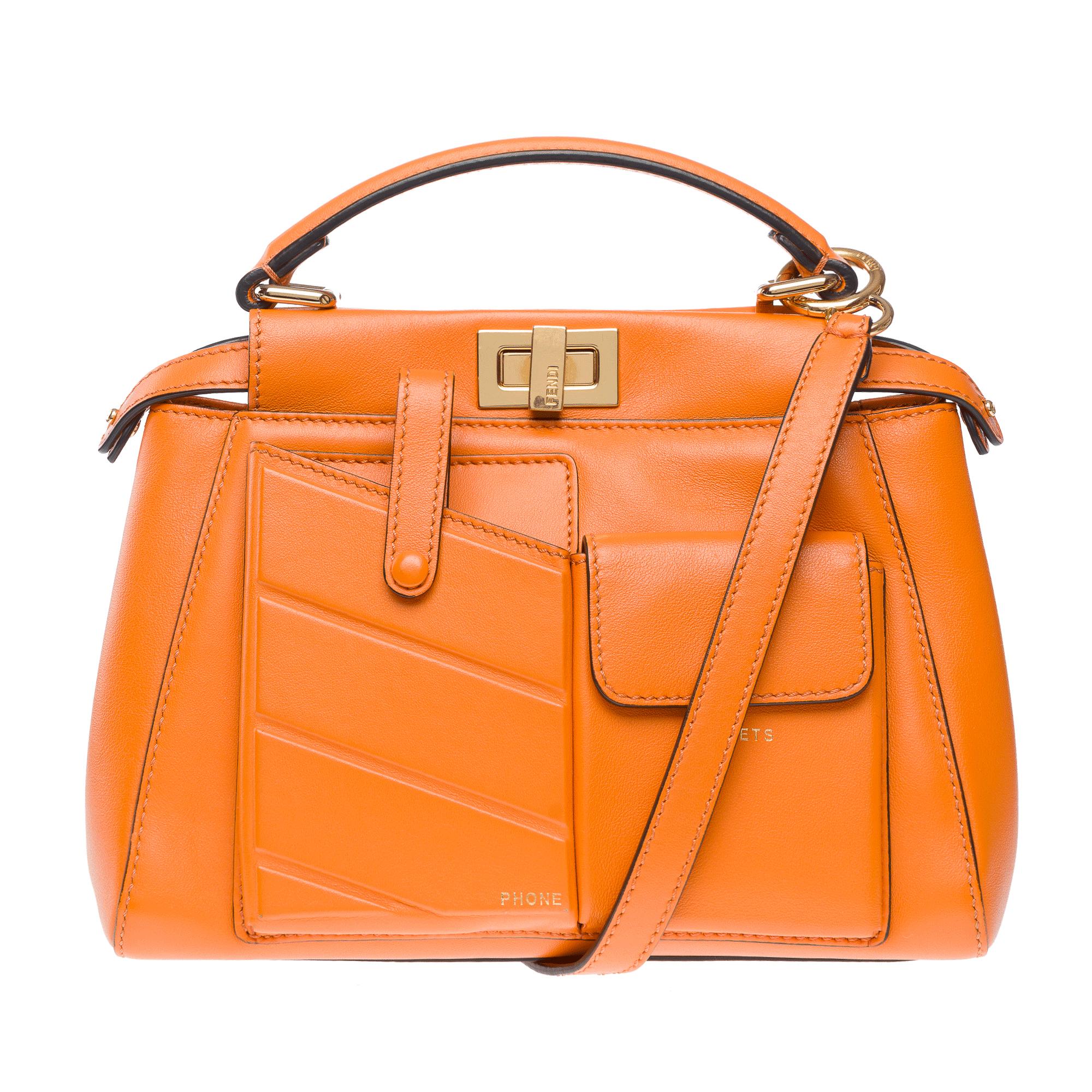 Fendi Peekaboo Mini Pocket handbag strap in Orange calf leather, GHW In Good Condition In Paris, IDF