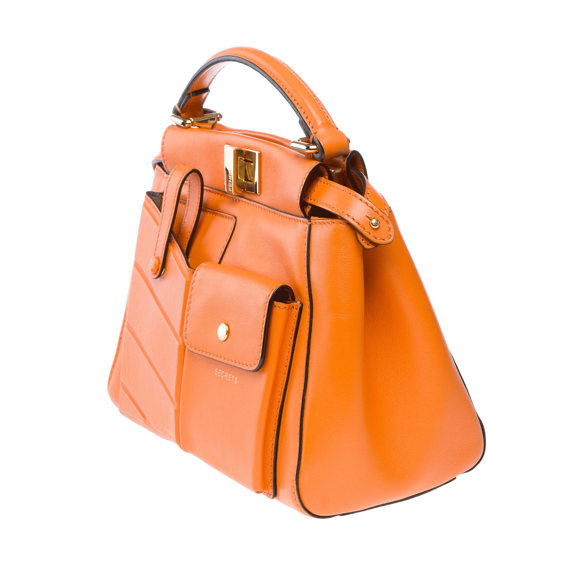 Women's Fendi Peekaboo Mini Pocket handbag strap in Orange calf leather, GHW