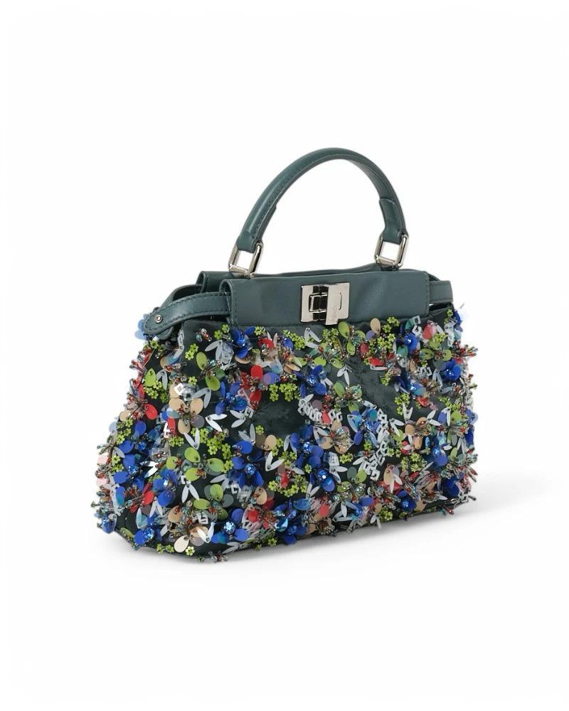 Fendi signature bag, Peekaboo model in mini size, made of satin fabric with embossed multicolor rhinestone details and leather trim with silver hardware. Dotata  of double front-back swivel closure, internally lined in smooth tone-on-tone leather