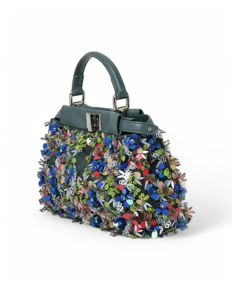 Gray Fendi Peekaboo Mini Rhinestone Embroidery Green For Sale