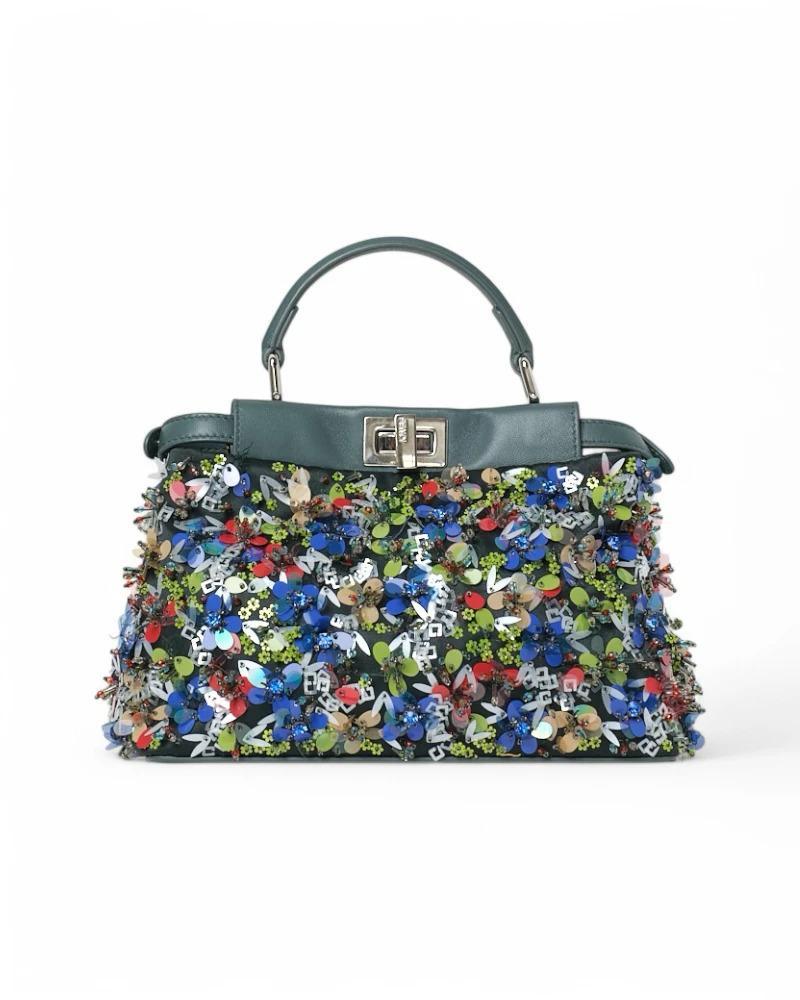 Fendi Peekaboo Mini Rhinestone Embroidery Green In Excellent Condition For Sale In Torre Del Greco, IT