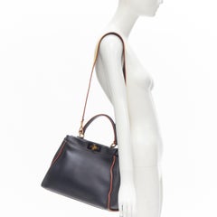 FENDI Peekaboo navy leather nude interior yellow strap satchel bag