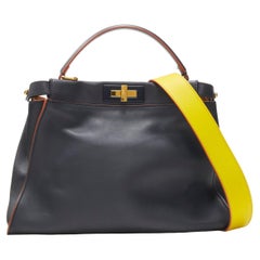 FENDI Peekaboo navy leather nude interior yellow strap satchel bag