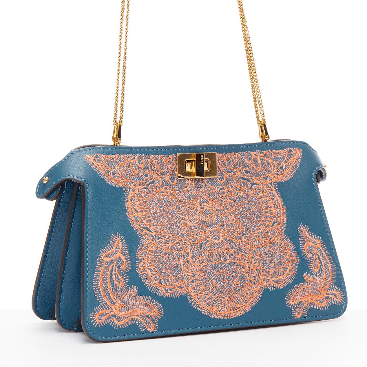 FENDI Peekaboo pink lace applique blue leather gold buckle crossbody bag In Excellent Condition For Sale In Hong Kong, NT