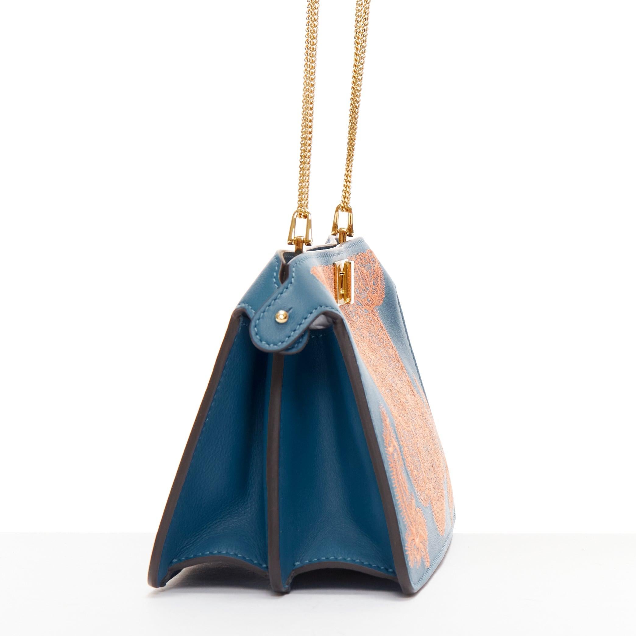 Women's FENDI Peekaboo pink lace applique blue leather gold buckle crossbody bag For Sale