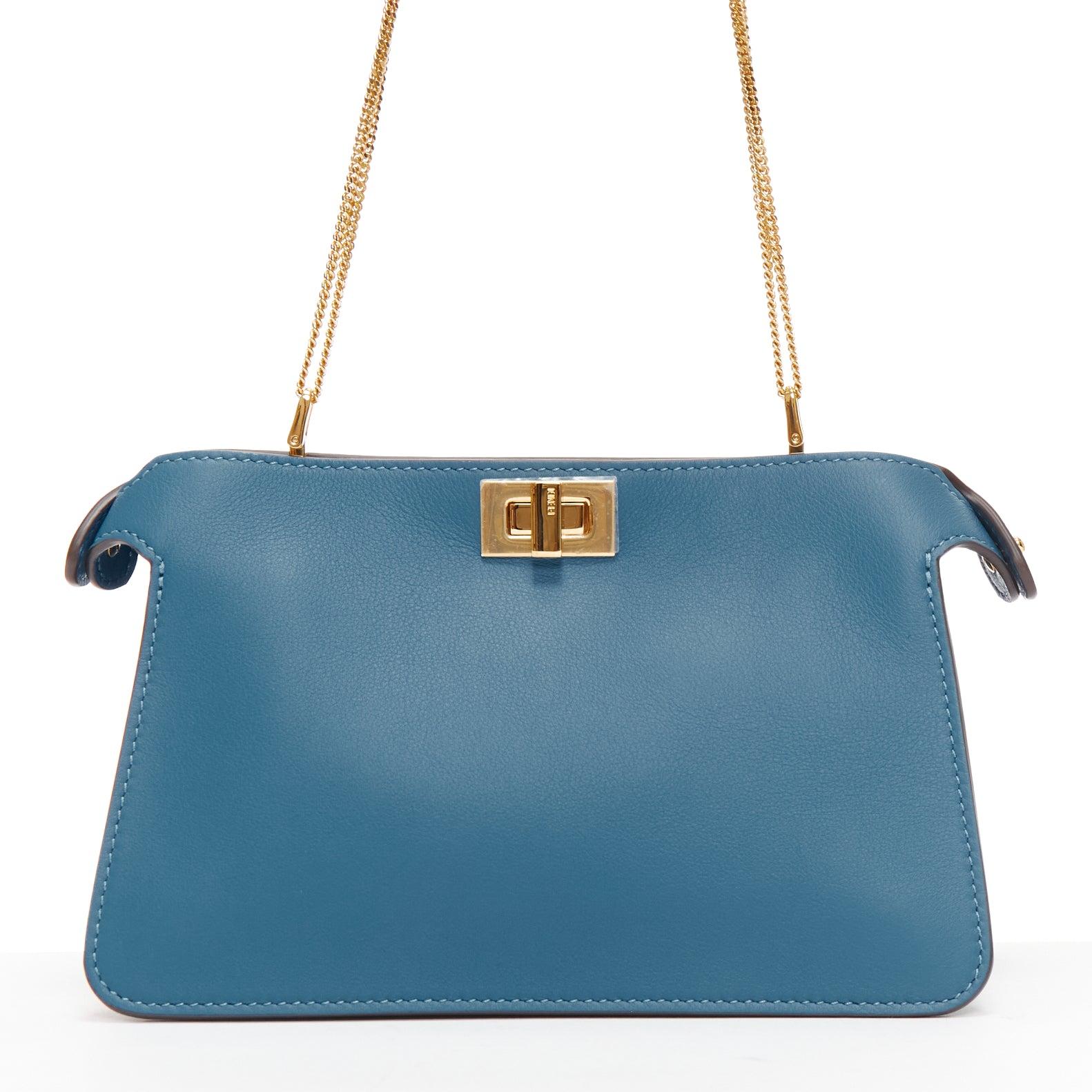 FENDI Peekaboo pink lace applique blue leather gold buckle crossbody bag For Sale 1