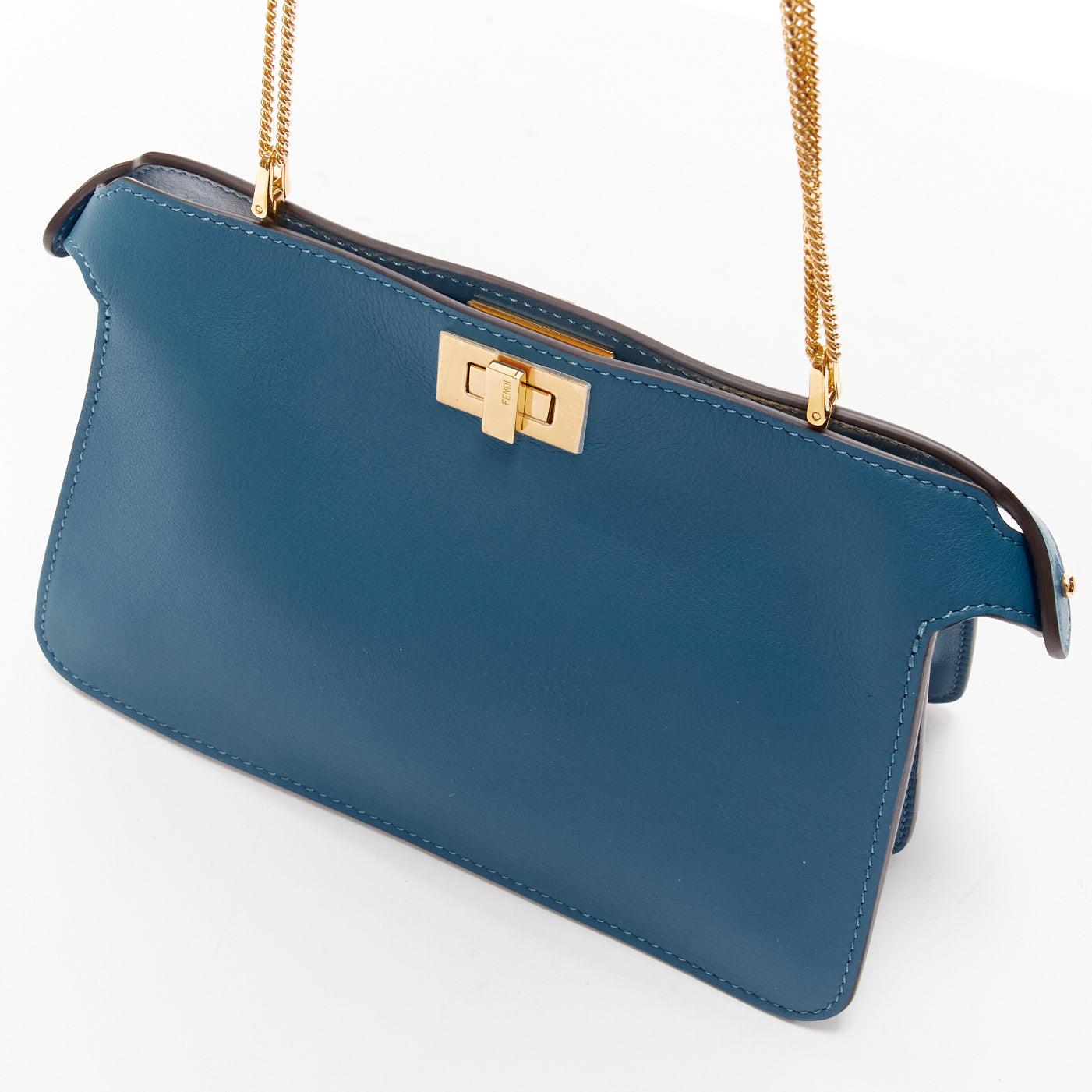 FENDI Peekaboo pink lace applique blue leather gold buckle crossbody bag For Sale 4