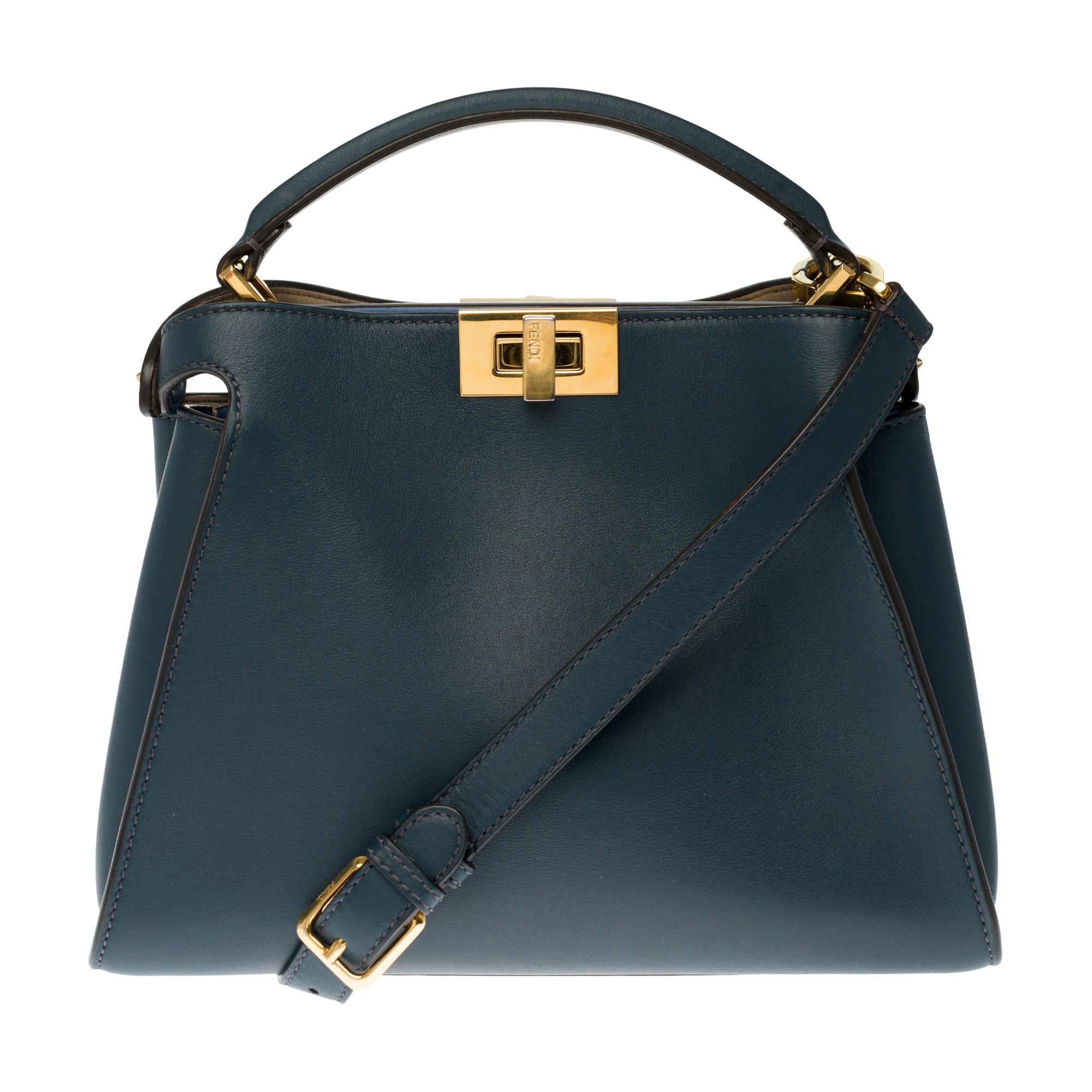 Fendi Peekaboo shoulder bag with strap in blue leather and gold hardware 