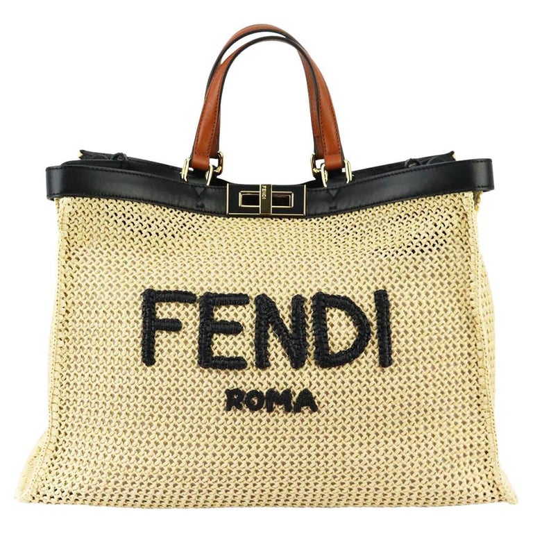 Fendi Peekaboo X-Tote Medium Woven Leather And Straw Tote Bag at