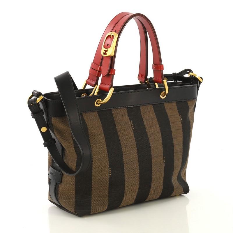 This Fendi Pequin Convertible Tote Canvas Small, crafted from black and brown canvas, features leather top handles, leather trim, and gold-tone hardware. Its zip closure opens to a beige canvas interior with side slip pockets. 

Estimated Retail