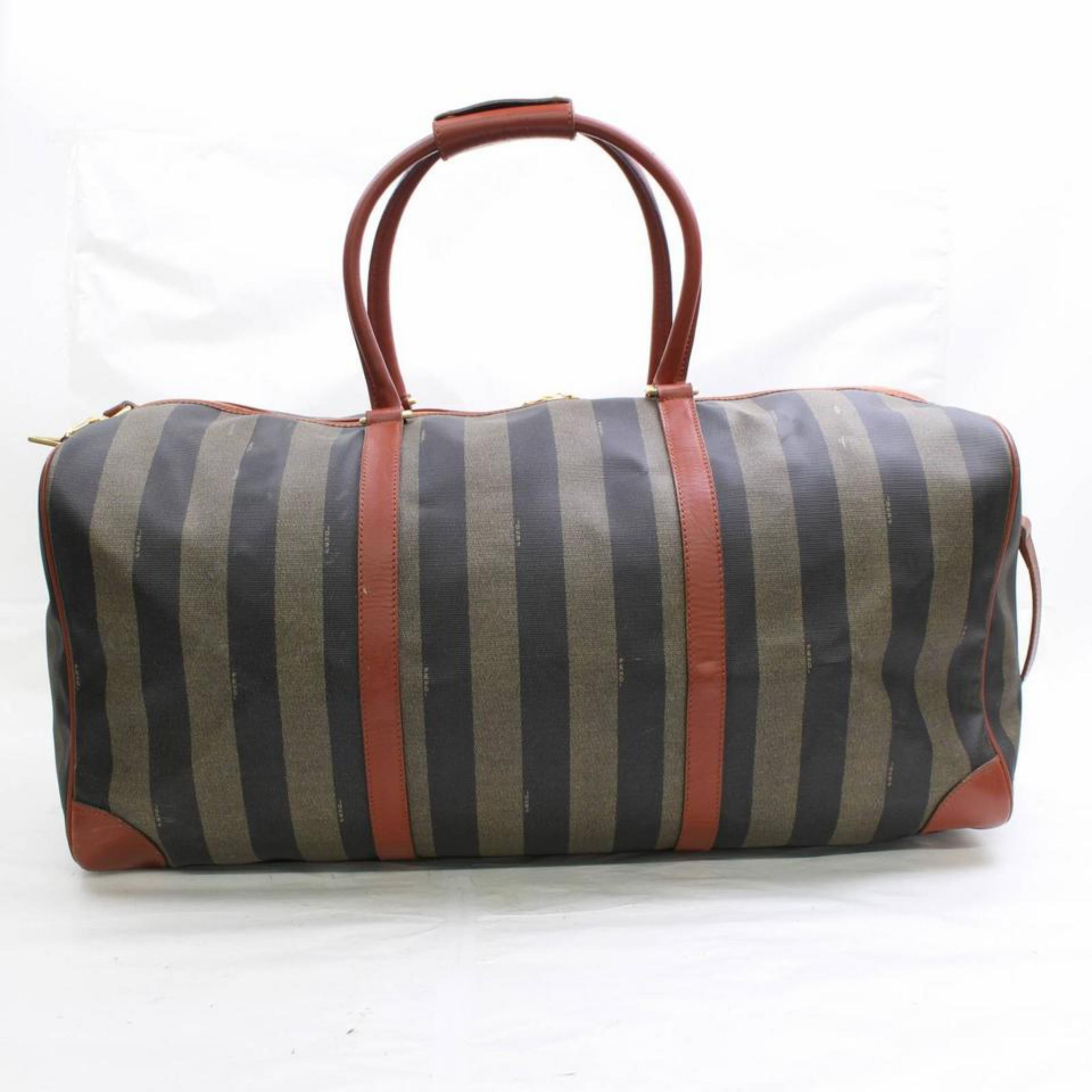 Fendi Pequin Stripe 2way Duffle Boston 867743 Brown Leather Weekend ...