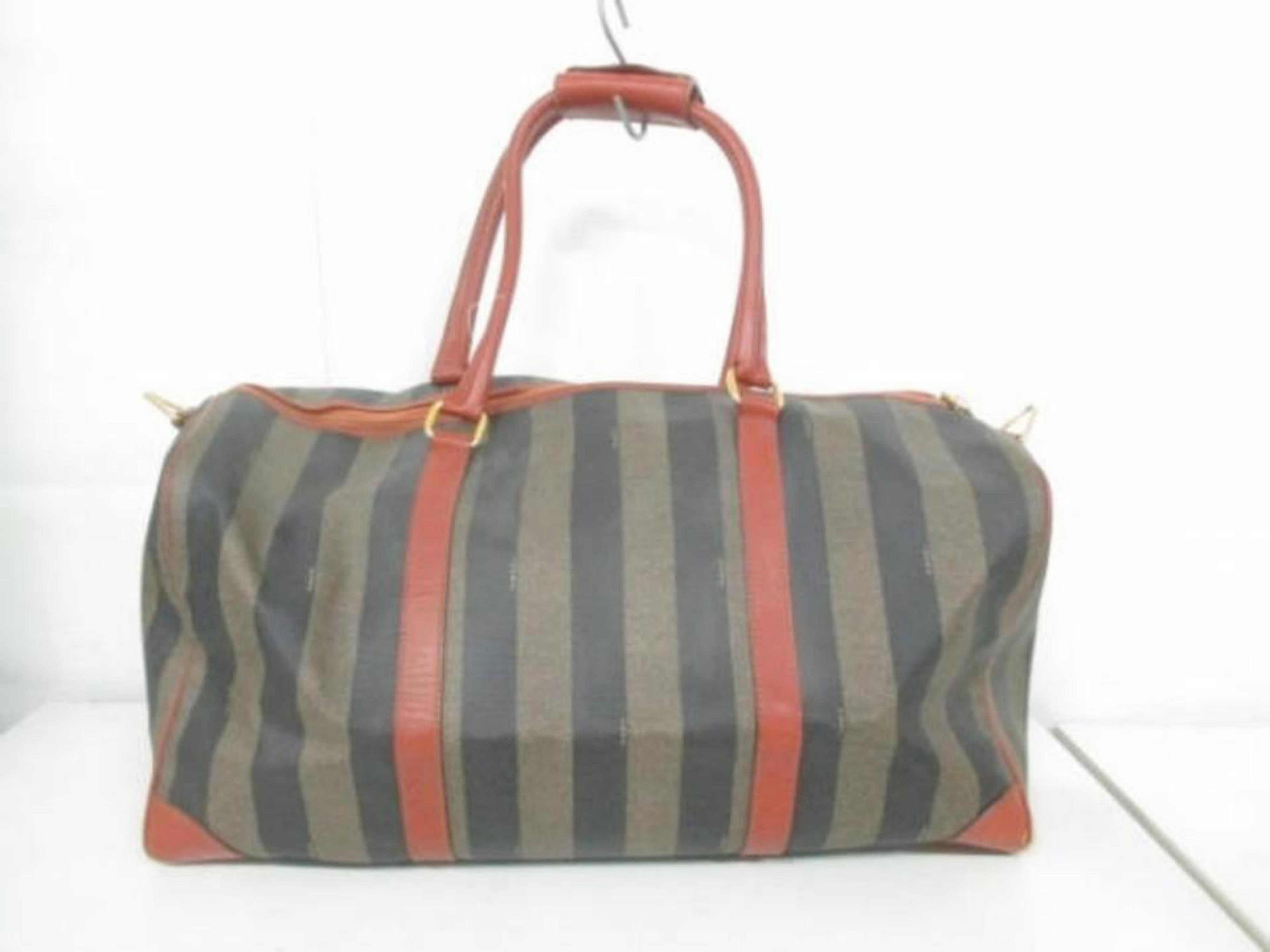 Fendi Pequin Stripe Boston Duffle 228051 Tobacco Coated Canvas X Leather Weekend For Sale 2
