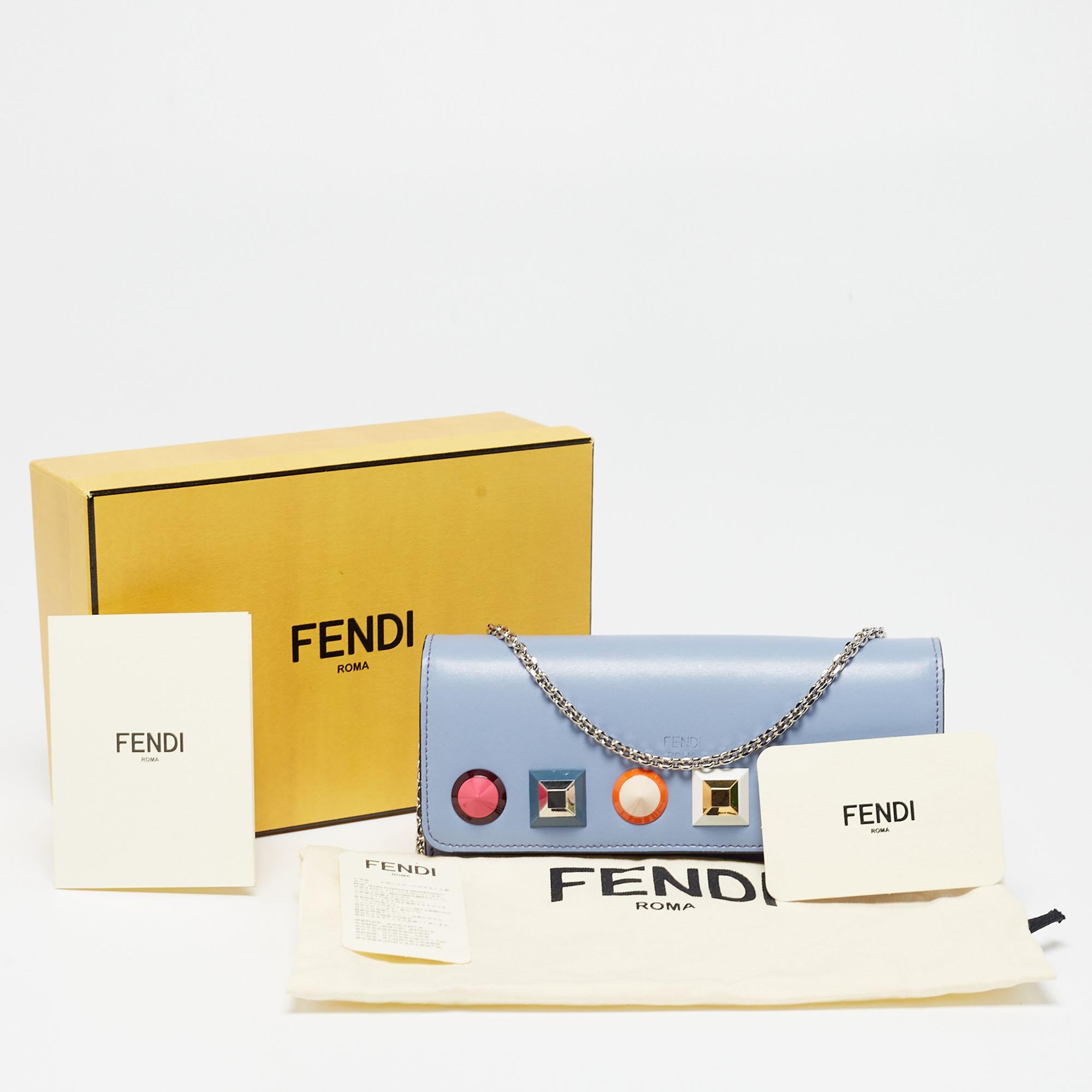 Fendi Periwinkle Leather Rainbow Studded Flap Wallet on Chain 3