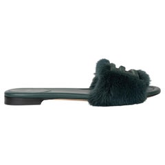 FENDI petrol green BAGUETTE MINK FUR SLIDE Sandals Shoes 39