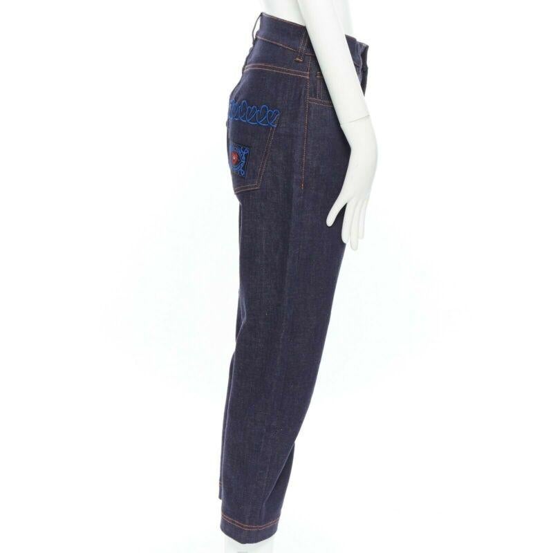 Women's FENDI PF18 indigo blue crisp denim straight jeans 3/4 heart embroidery IT40 S For Sale
