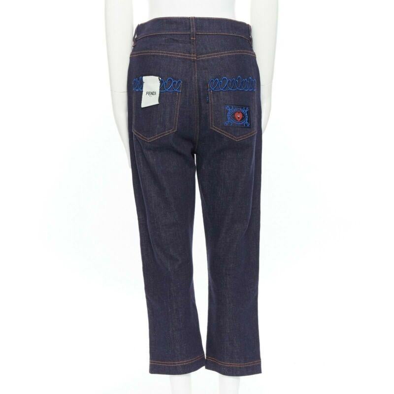 FENDI PF18 indigo blue crisp denim straight jeans 3/4 heart embroidery IT40 S For Sale 1