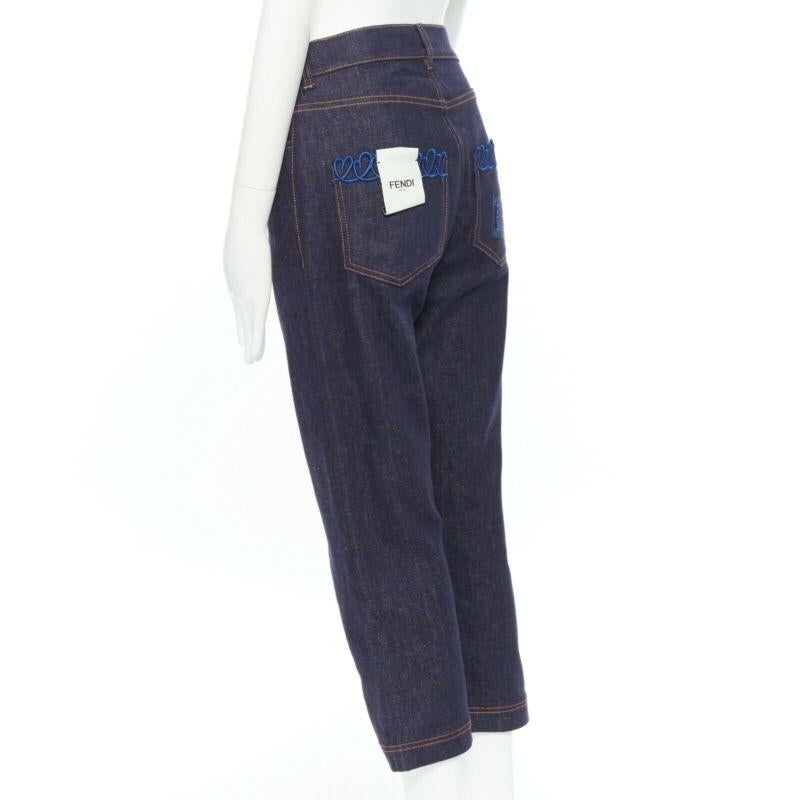 FENDI PF18 indigo blue crisp denim straight jeans 3/4 heart embroidery IT40 S For Sale 2
