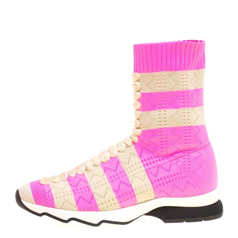 Fendi Pink and Beige Stripes Knit Fabric Sneaker Boots Size 38 For Sale ...