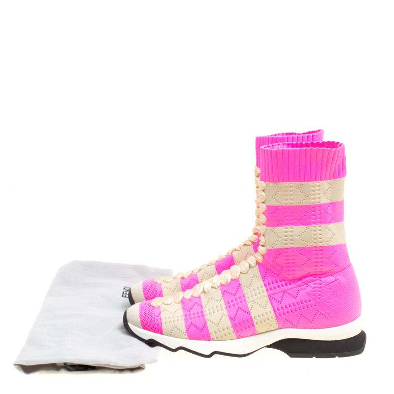 Women's Fendi Pink and Beige Stripes Knit Fabric Sneaker Boots Size 38