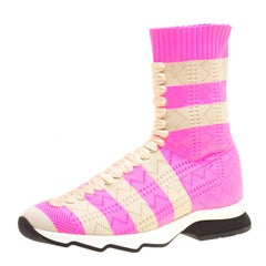 Fendi Pink and Beige Stripes Knit Fabric Sneaker Boots Size 38