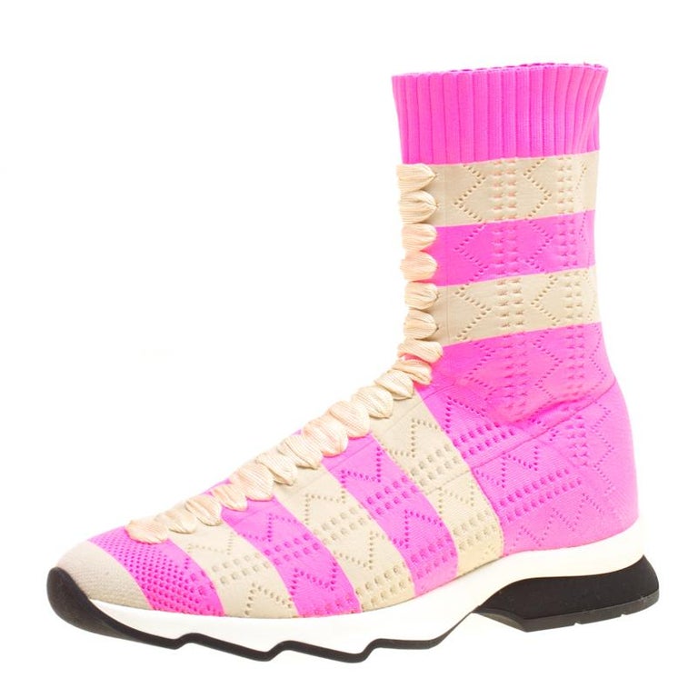 Fendi Pink and Beige Stripes Knit Fabric Sneaker Boots Size 38 For Sale ...