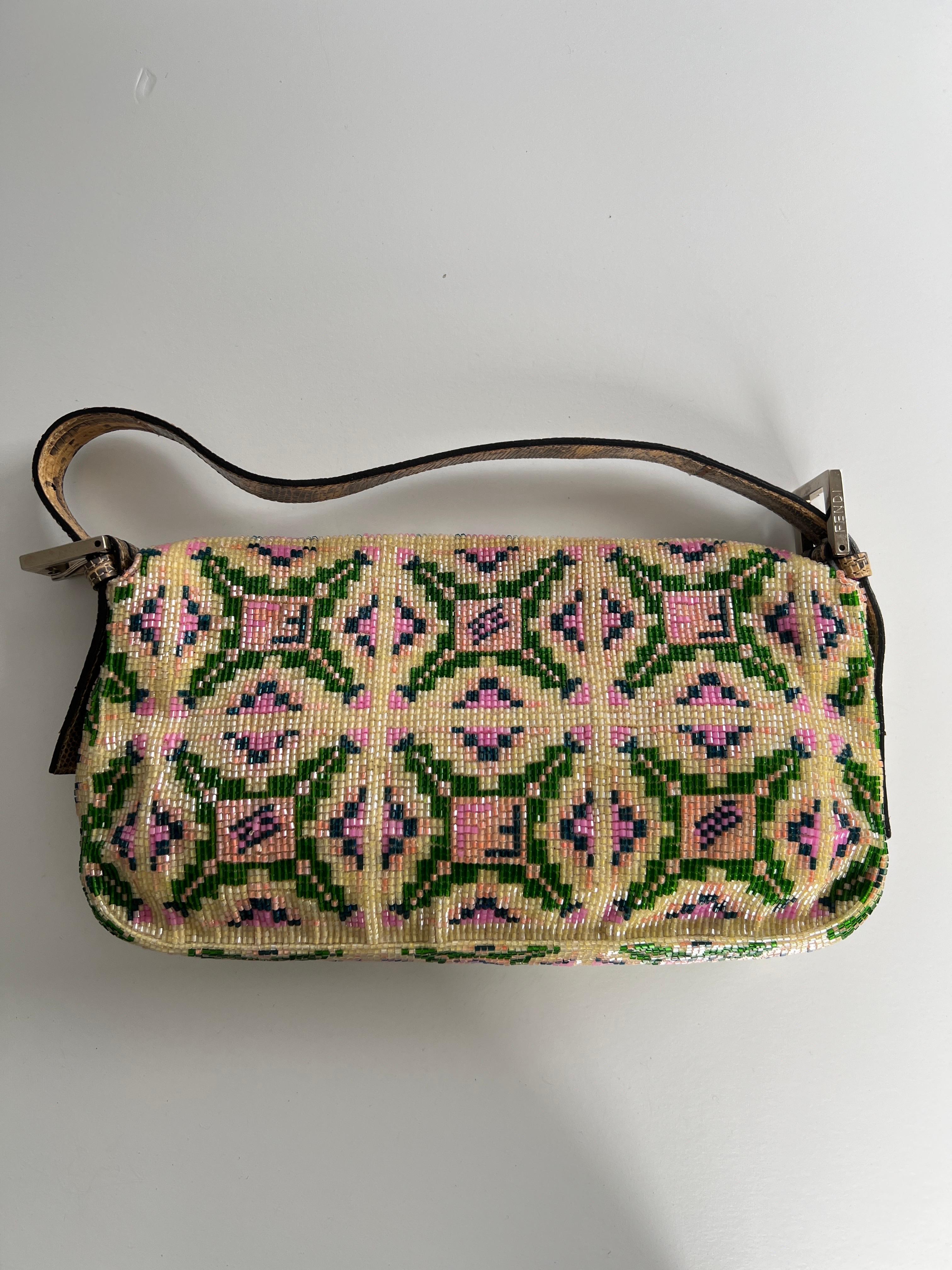 Fendi pink and green beaded baguette In Excellent Condition For Sale In Aurora, IL