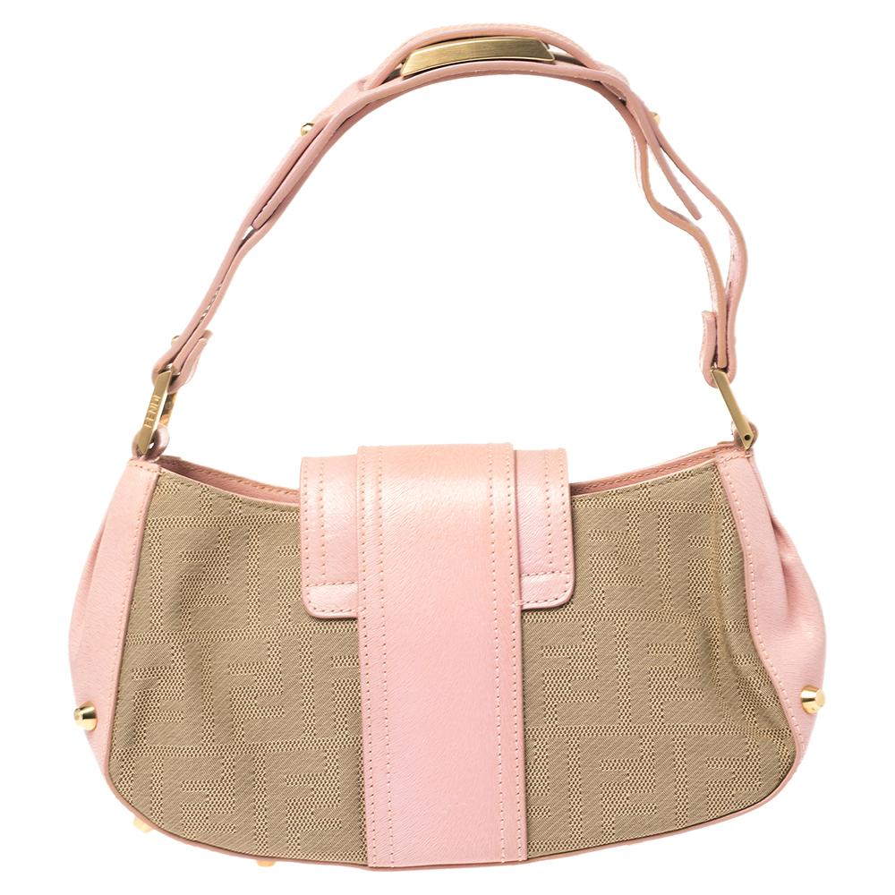 Fendi Pink/Beige Zucca Canvas and Leather Logo Flap Baguette Bag In Good Condition In Dubai, Al Qouz 2