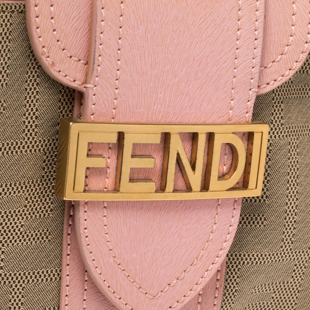 Fendi Pink/Beige Zucca Canvas and Leather Logo Flap Baguette Bag 1