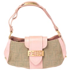 Fendi Pink/Beige Zucca Canvas and Leather Logo Flap Baguette Bag