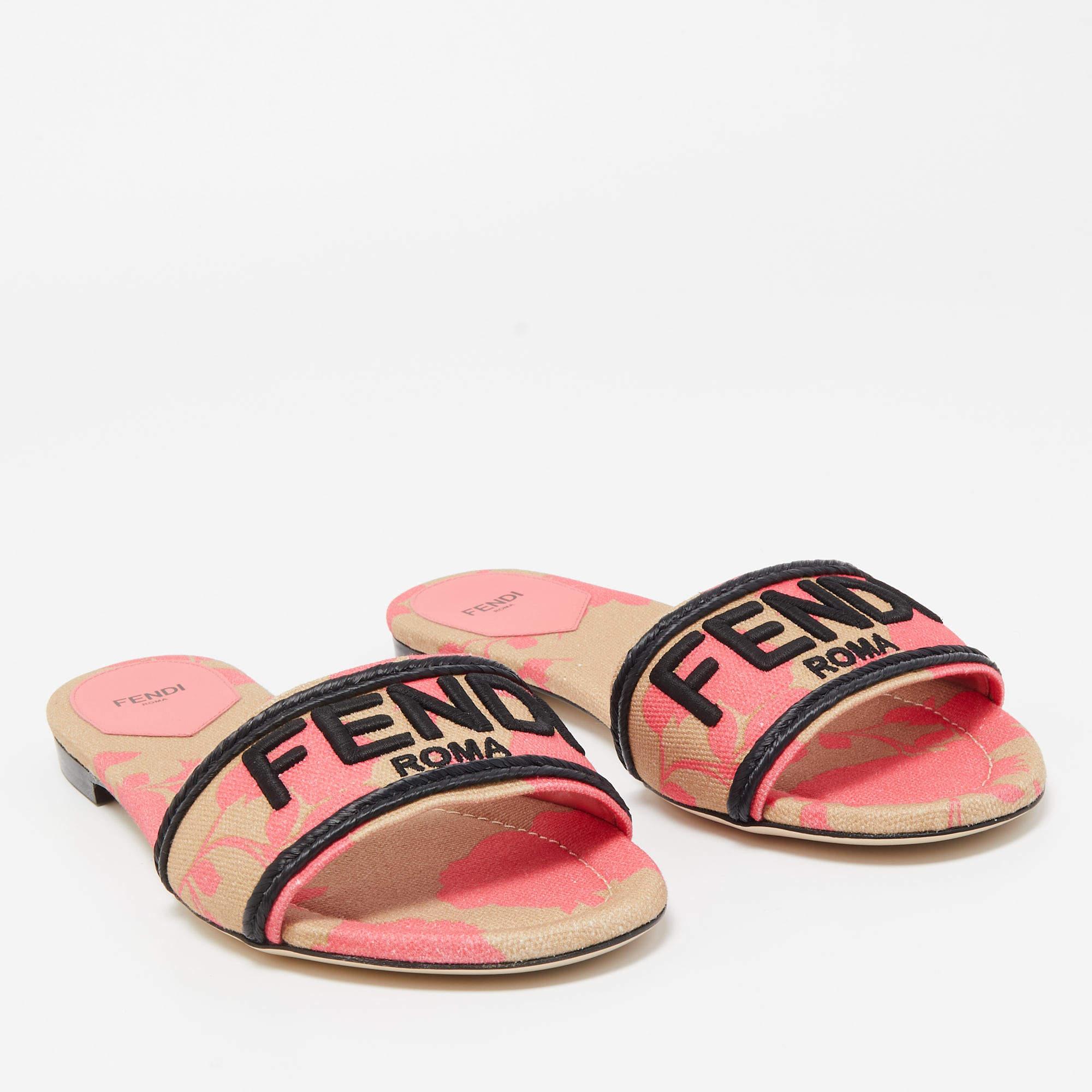 Women's Fendi Pink/Black Zucca Canvas Flat Slides Size 41