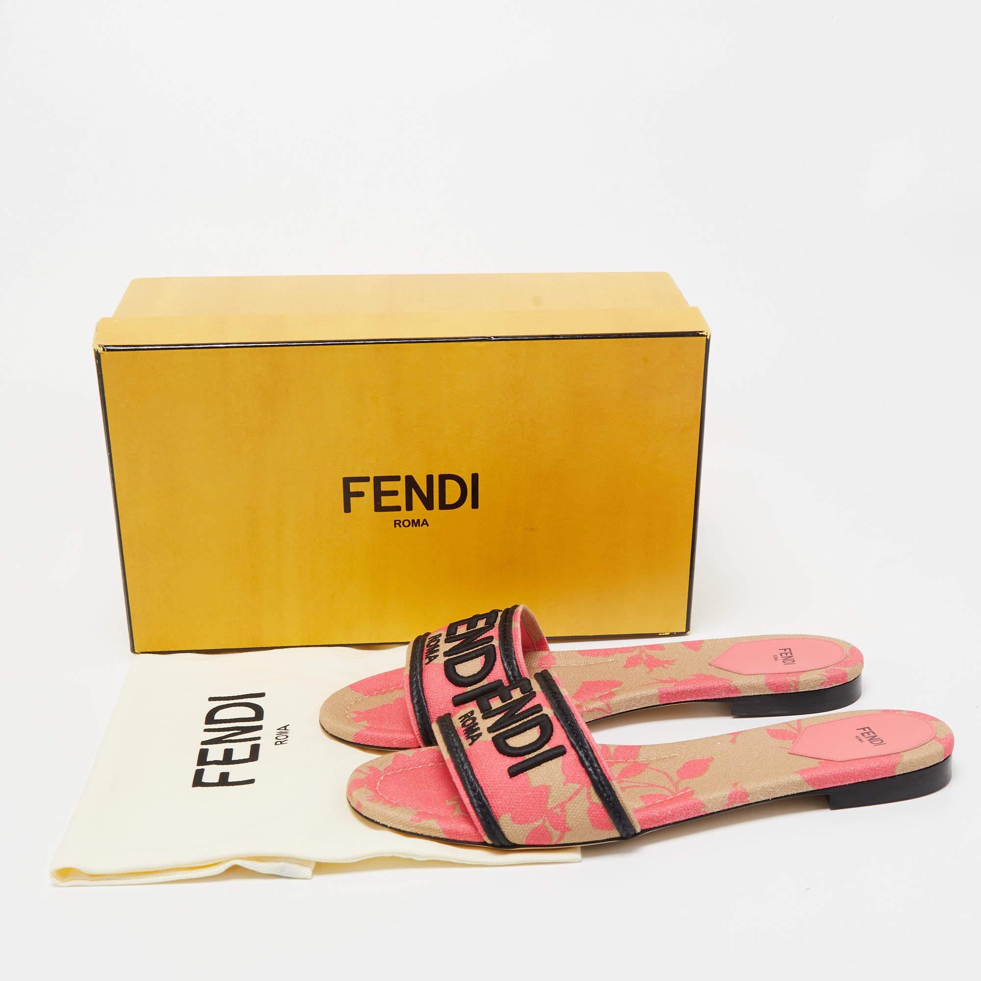 Fendi Pink/Black Zucca Canvas Flat Slides Size 41 1