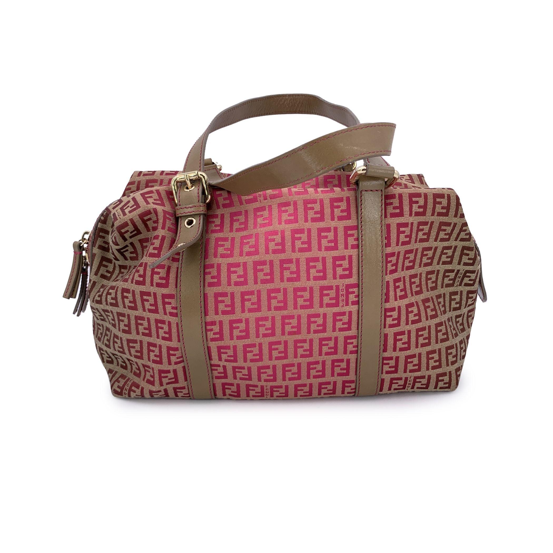 Fendi Pink Brown Monogram Zucchino Canvas Boston Shoulder Bag In Excellent Condition For Sale In Rome, Rome