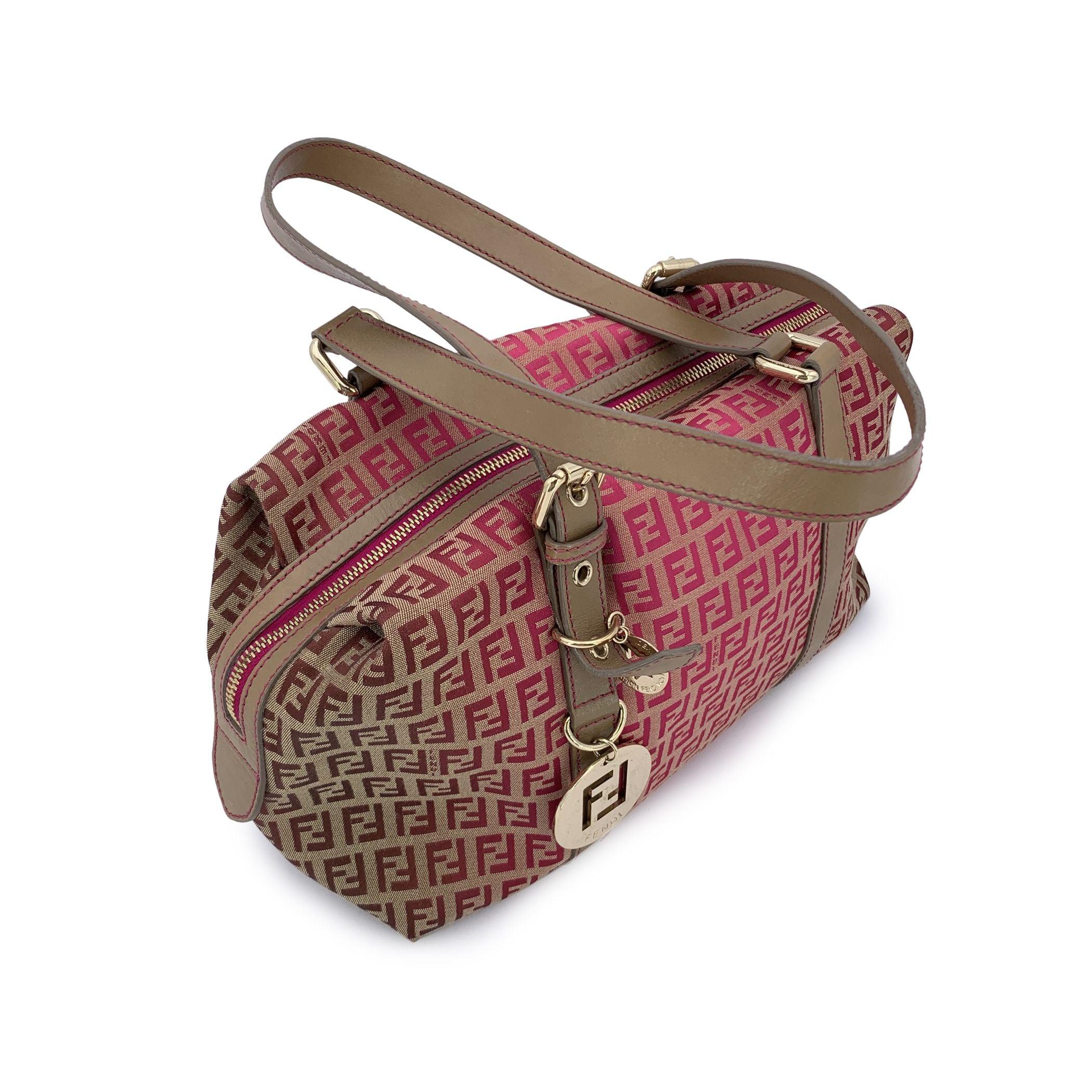 Women's Fendi Pink Brown Monogram Zucchino Canvas Boston Shoulder Bag For Sale