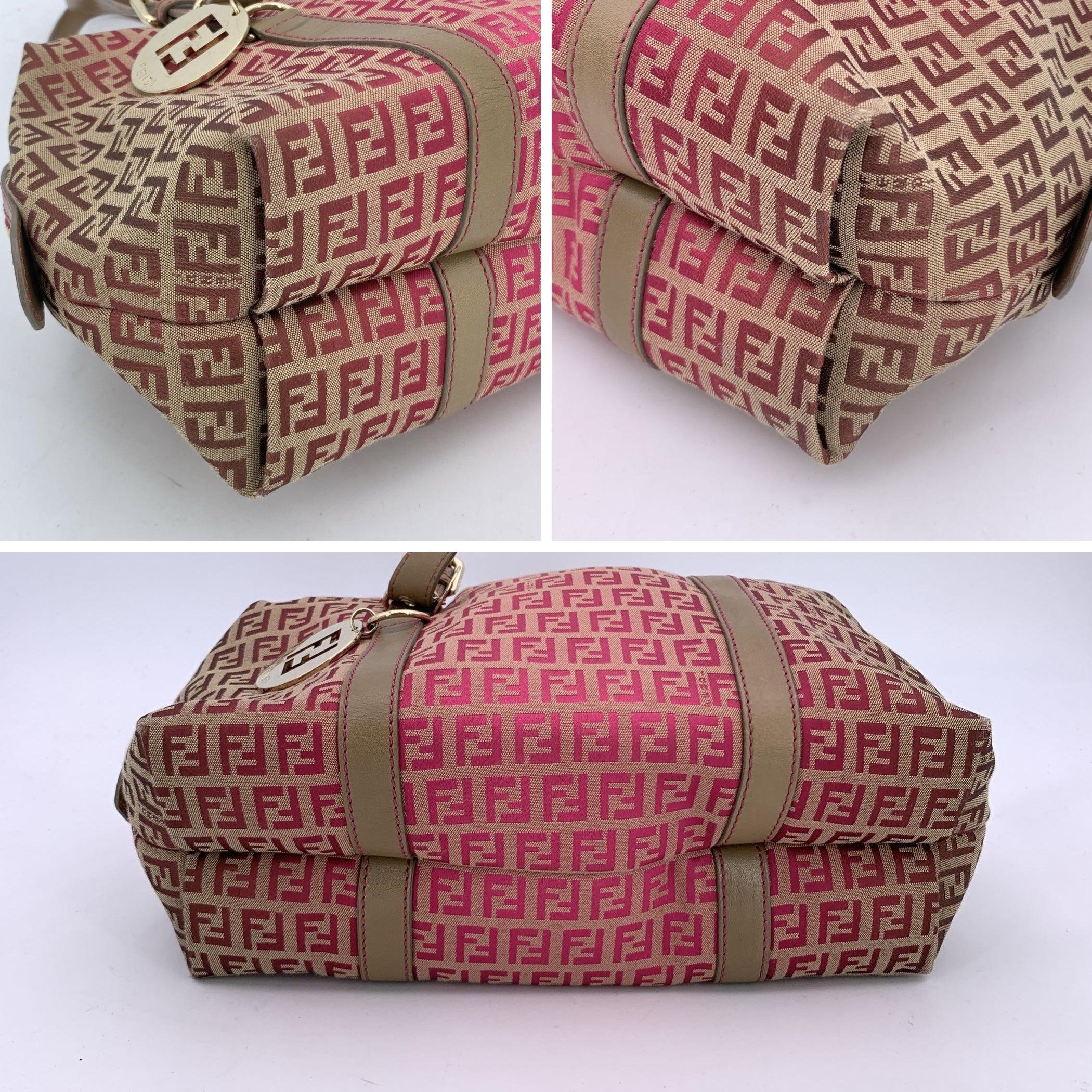 Fendi Pink Brown Monogram Zucchino Canvas Boston Shoulder Bag For Sale 1