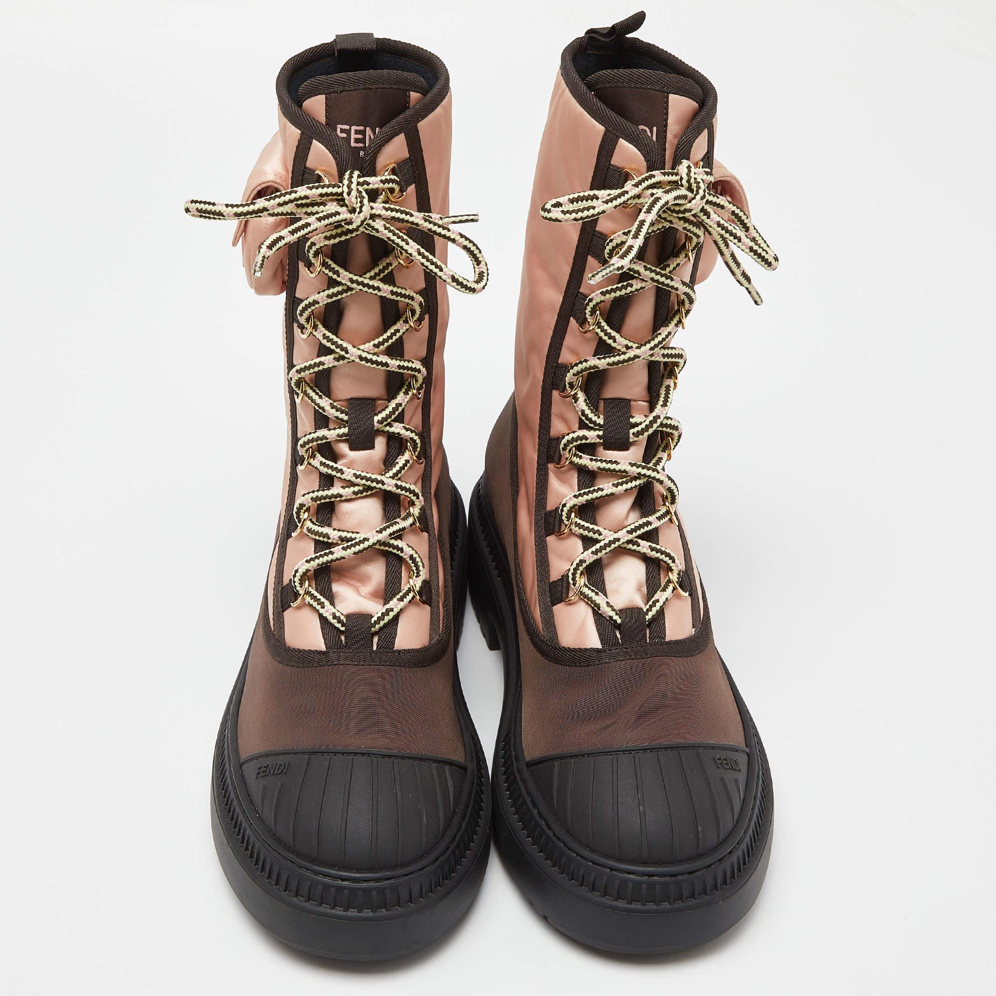 Black Fendi Pink/Brown Satin and Nylon Combat Boots Size 40