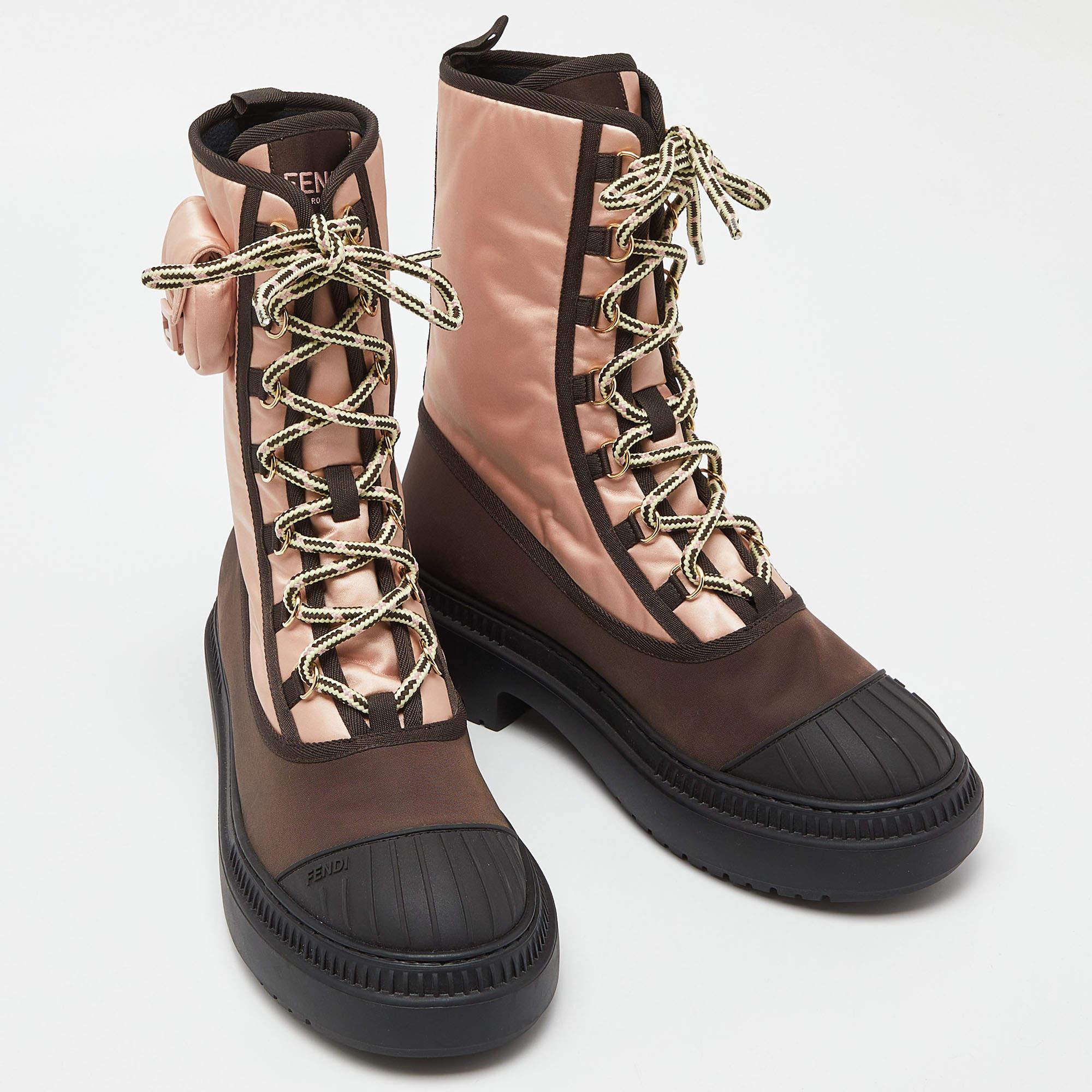Fendi Pink/Brown Satin and Nylon Combat Boots Size 40 In Good Condition In Dubai, Al Qouz 2