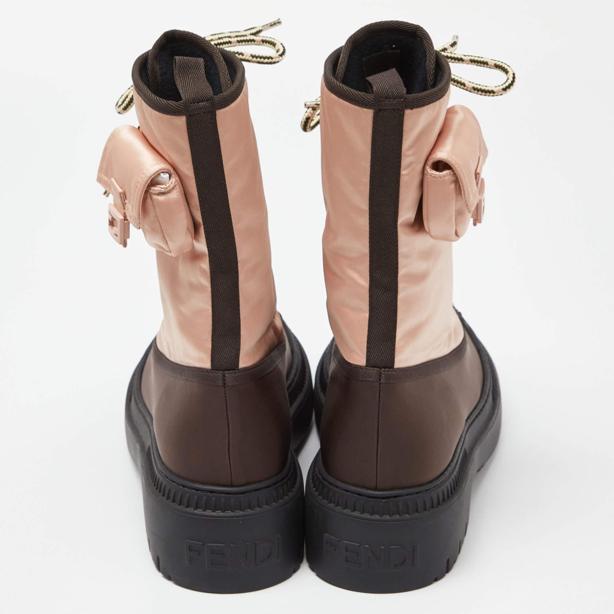 Women's Fendi Pink/Brown Satin and Nylon Combat Boots Size 40