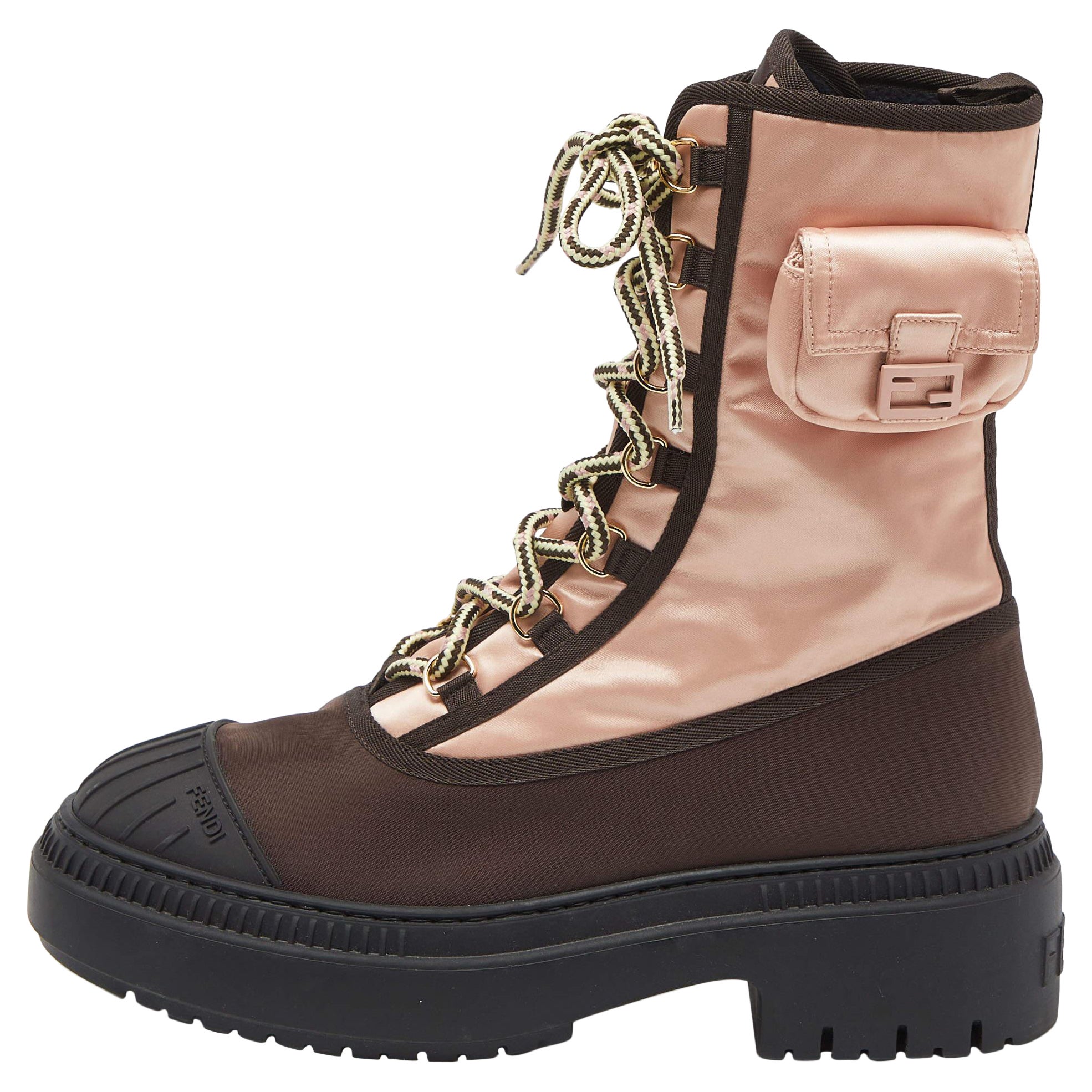 Fendi Pink/Brown Satin and Nylon Combat Boots Size 40