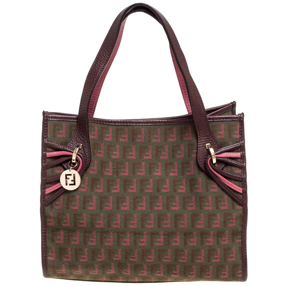 Fendi Pink/Brown Zucchino Canvas and Leather FF Charm Tote